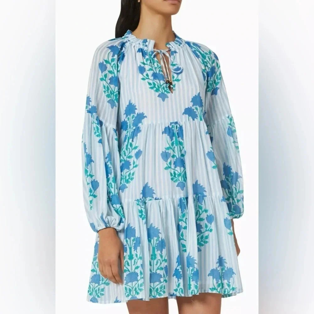 💃🏻Oliphant Blue Floral Balloon‎ Sleeve Dress XS NWT Striped Boho Resort Mini👗